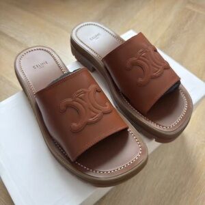 Celine Brown Leather Slide Sandals with Embossed Triomphe